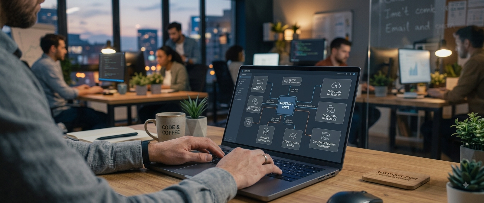 Technical diagram showing custom software architecture with interconnected system components, databases, and business application layers representing how applications integrate with enterprise workflows